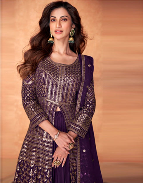 elegant dark purple real georgette designer party wear readymade salwar suit with dark purple real georgette ie-9889 Close-up View